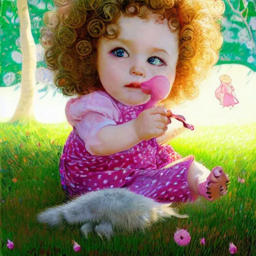 Image similar to a beautiful little blonde toddler girl with short curly hair at the park on a beautiful day in the shade, holding a round all-pink stuffed penguin, by Dan Mumford, Junji Murakami, Mucha Klimt, Hiroshi Yoshida and Craig Mullins, featured on Artstation, CGSociety, Behance HD, Deviantart