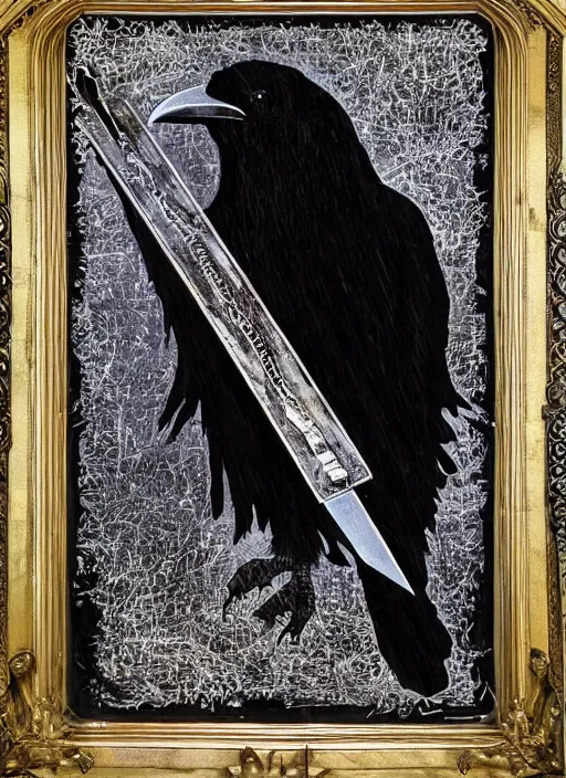 Image similar to portrait centered on a raven in a vantablack cloak and holding a symbolic weapon. painting in the style of symbolism. portrait hung up in a windows 9 8 wallpaper. r / oldschoolfantasy