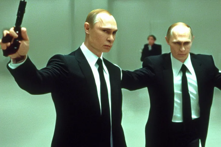 Image similar to film still of Vladimir Putin as agent Smith from the movie The Matrix (1999)