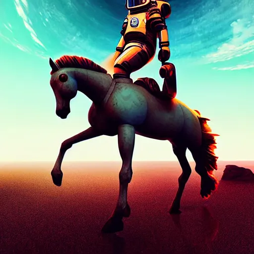 Image similar to digital art of horse situated on top of an human astronaut. from western by hiroyuki okiura and katsuhiro otomo and alejandro hodorovski style with many details by mike winkelmann and vincent di fate in sci - fi style. volumetric natural light photo on dsmc 3 system,