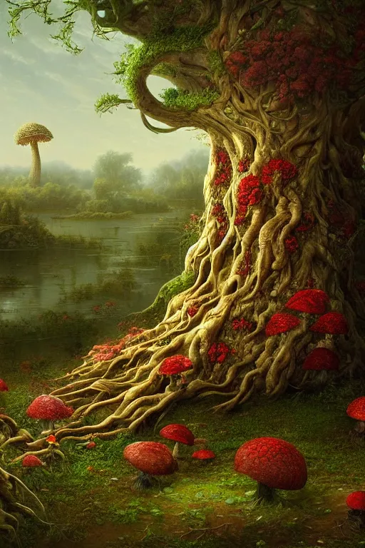 Image similar to a beautiful digital illustration painting of a detailed fantasy tree trunk and roots, mushroom, flowers by benoit b. mandelbrot, steven belledin, martin johnson heade, lee madgwick, caspar david friedrich, and david rios ferreira. 8 k resolution trending on artstation concept art digital illustration