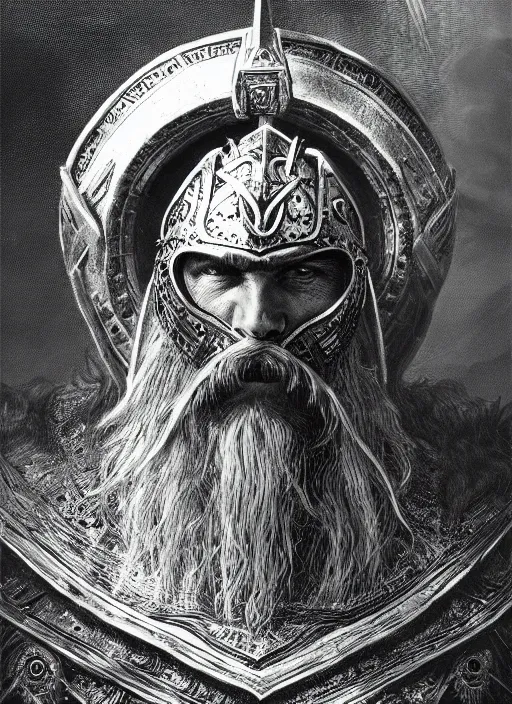 Prompt: viking king wearing a battle mask, engraving, concept art, elden ring, illustration, smooth, sharp focus, by gustave dore and greg rutkowski