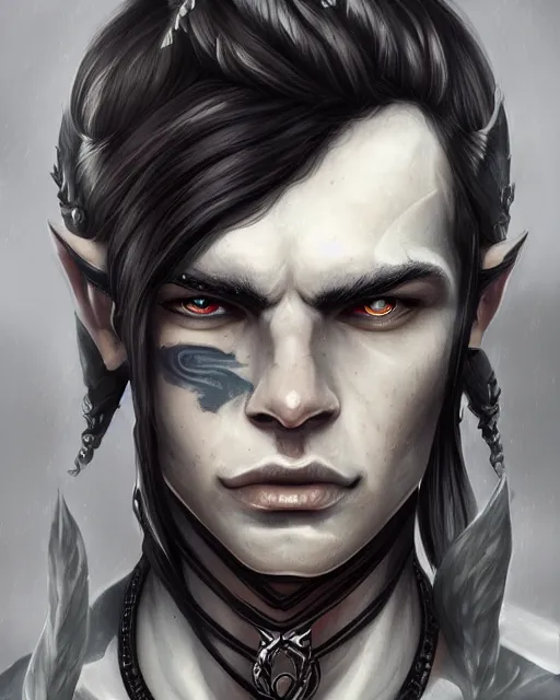 Image similar to portrait of a feminine male dark elf, obsidian skin, white tatoo, long hair, fantasy, elegant, intricate, highly detailed, digital painting, artstation, concept art, sharp focus, illustration