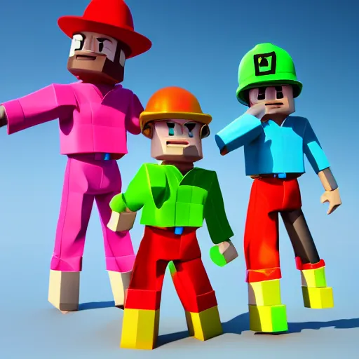 Image similar to high quality 3d render of block figures looking like roblox figures helping each other, bright and fun colors, octane render, trending on artstation