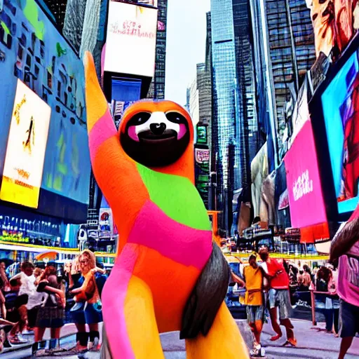 Prompt: a colorful photo of a sloth playing basketball in time square