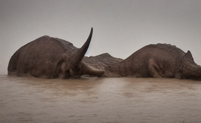 Prompt: nature photography of a rain soaked triceratops in flood waters, african savannah, rainfall, muddy embankment, fog, digital photograph, award winning, 5 0 mm, telephoto lens, national geographic, large eyes