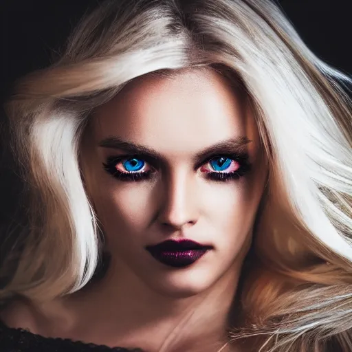 Prompt: A blonde model with glowing eyes, bright on dark, dramatic, cinematic, Sony a7R IV, symmetric balance, polarizing filter, Photolab, Lightroom, 4K, Dolby Vision, Photography Award