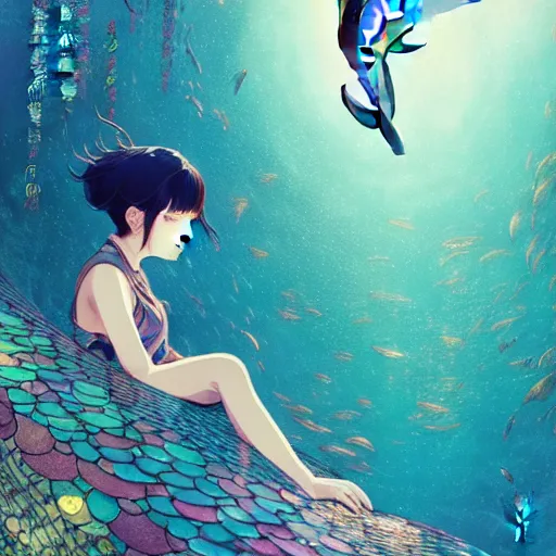 Image similar to a beautiful hyperdetailed character design 4 k wallpaper illustration of a cute dolphin with a beautiful girl, victo ngai cyberpunk style, from china, style of studio ghibli, makoto shinkai, raphael lacoste, louis comfort tiffany, artgerm, james jean, ross tran, chinese style