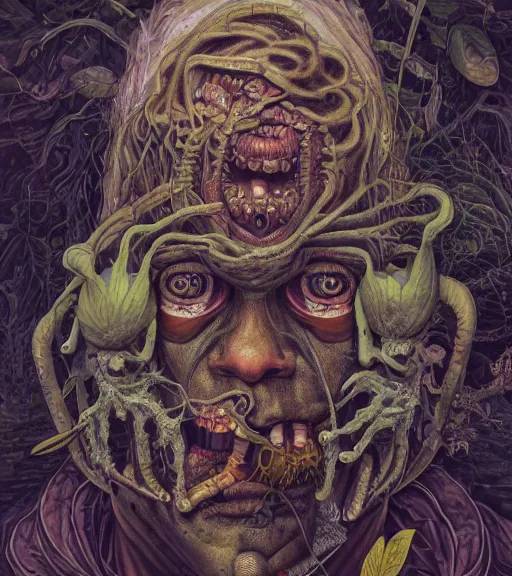 Prompt: portrait, nightmare anomalies, weed by dariusz zawadzki, kenneth blom, mental alchemy, james jean, pablo amaringo, naudline pierre, contemporary art, hyper detailed