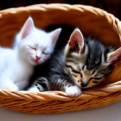 Image similar to two kittens sleeping in a basket, happy, cute