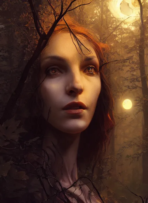 Image similar to leaves, cinematic lighting, realistic matte painting, close - up face portrait of a beautiful skinny woman as witch in front of the full big moon in a fantasy forest, by james gurney, greg rutkowski, highly detailed digital art, artstation