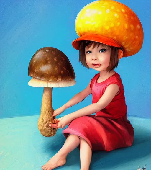 Prompt: a beautiful little girl wearing a mushroom hat sitting | | cute - fine - subtle smile, colorful hair, face, pretty face, fine details by stanley artgerm lau, wlop, rossdraws, james jean, andrei riabovitchev, marc simonetti, and sakimichan, trending on artstation