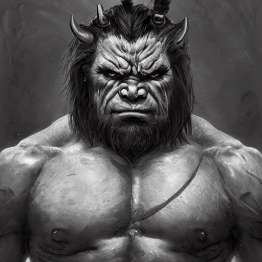 Prompt: portrait of a young ruggedly handsome hulking herculean orc bugbear demon barbarian, male, masculine, upper body, night black hair, fantasy, frown, war face paint, intricate, elegant, highly detailed, digital painting, artstation, concept art, matte, sharp focus, illustration, art by artgerm and greg rutkowski and alphonse mucha