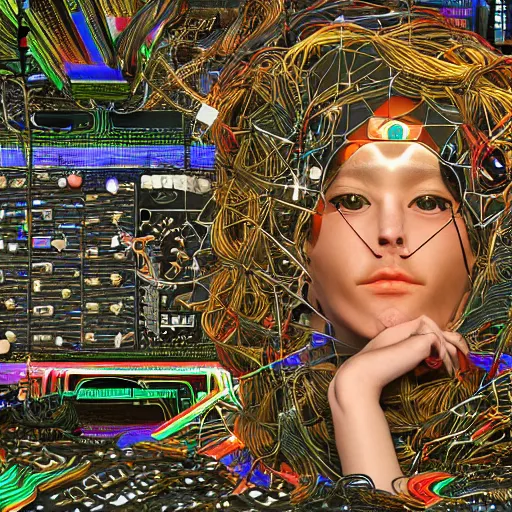 Image similar to deeper into the metaverse we go, piles of modular synth cables, kawaii puerto rican goddess swimming up wearing a headpiece made of circuit boards, by cameron gray, wlop, stanley kubrick, masamune, hideki anno, jamie hewlett, unique perspective, trending on artstation, 3 d render, vivid