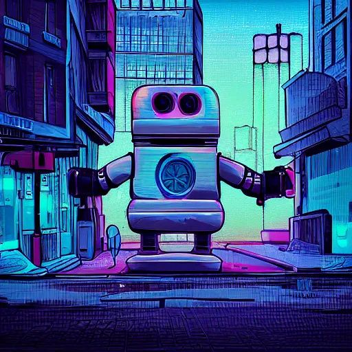 Prompt: a sad robot in a street of a post apocalyptic city, digital art, neon colors
