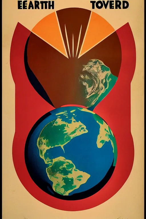 Prompt: poster of earth, 1 9 5 0 s style, futuristic design, dark, symmetrical, washed out color, centered, art deco, 1 9 5 0's futuristic, glowing highlights, intense