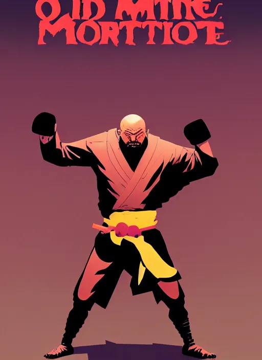 Prompt: Old Monk standing in a martial arts fighting position, in the Style of Tomer Hanuka and Mike Mignola, Comic Cover, vibrant colors, trending on artstation