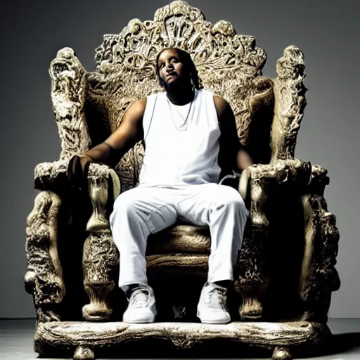 Image similar to pusha t sitting on a throne that is made of cocaine