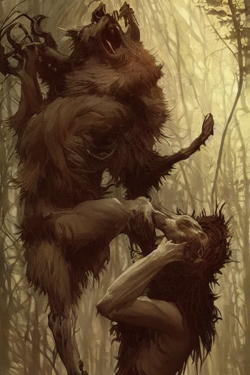 Image similar to a male werewolf devouring a severed human arm, blood, long claws, dark forest at night, by greg rutkowski and alphonse mucha, gradient brown to silver, highly detailed, digital painting, artstation, concept art, smooth, sharp focus illustration