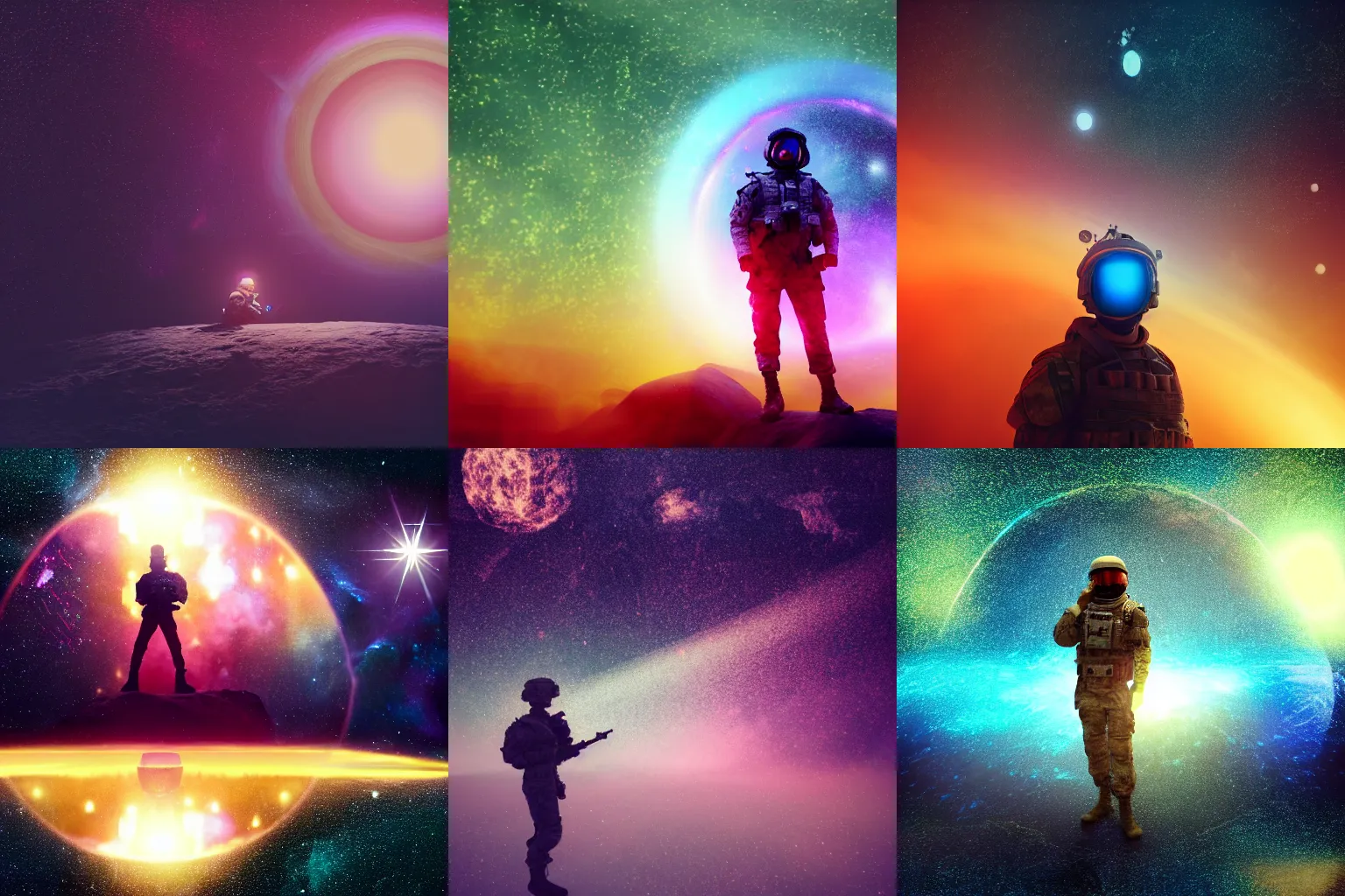 Prompt: high detail photo of a soldier floating in space inside magic colorful glowing sparkling fog, circular planet behind it, starry sky, tranquil, desolate, atmospheric, hazy, autochrome, 8k, reflections, octane render, unreal engine 5