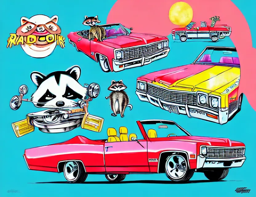 Image similar to cute and funny, racoon riding in a 1 9 6 9 chevy impala drop top with hydraulics, ratfink style by ed roth, centered award winning watercolor pen illustration, isometric illustration by chihiro iwasaki, edited by range murata, tiny details by artgerm and watercolor girl, symmetrically isometrically centered
