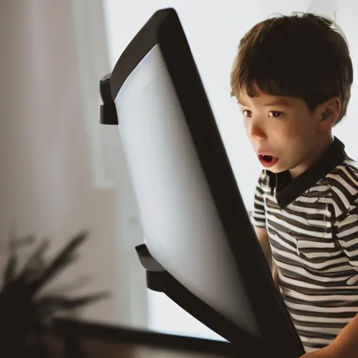 Image similar to angry child looking at monitor typing on keyboard photo dramatic lighting from behind