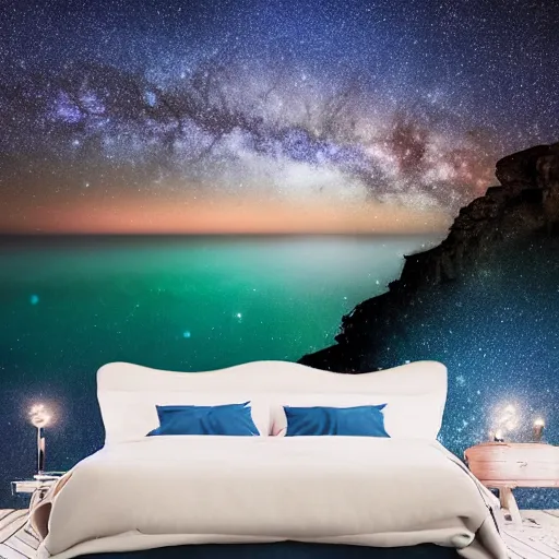 Image similar to two girls hugging under a starry sky, photo taken on a cliff by the sea, the milky way is reflecting on the sea water, 4k detailed reflections, digital art