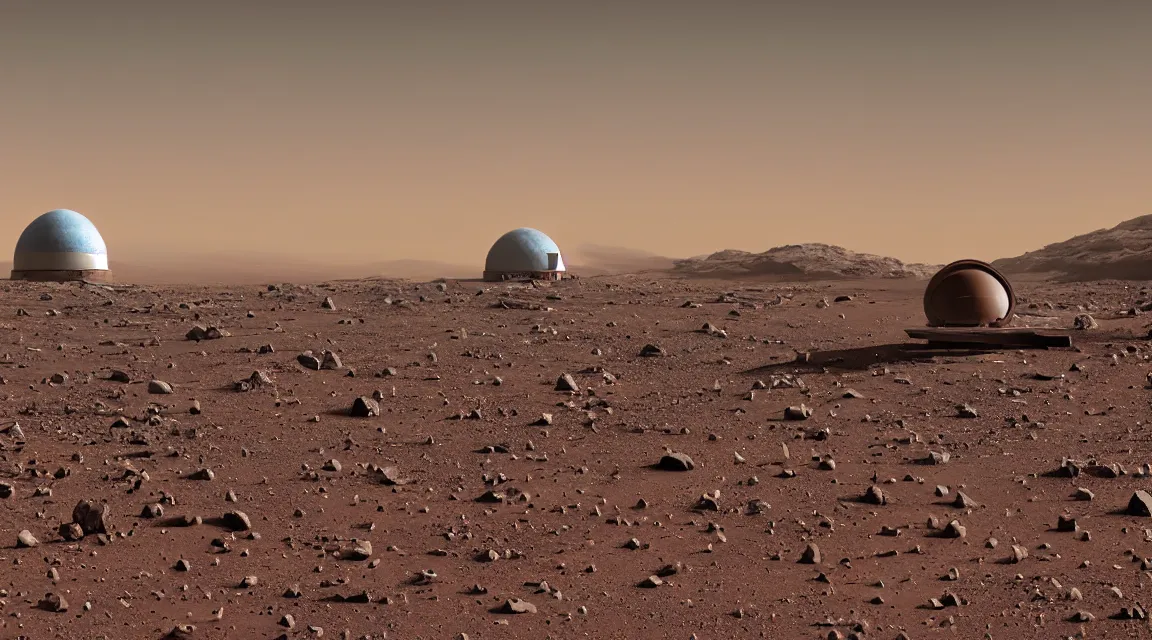 Image similar to stunning large format photograph, beautiful cinematic close detailed perspective of an abandoned domed nasa martian outpost, on mars, scattered debris, reddish brown color scheme, smooth clear blue sky, in the style of jeff wall, hazy sunlight, crisp details, visual effects and composite by ILM, 10k with post-processing