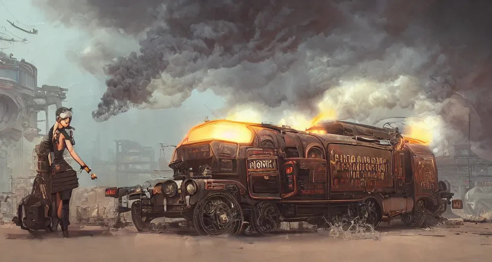 Prompt: a highly detailed epic cinematic concept art CG render digital painting artwork scene: retrofuturistic 1920s cyberpunk steampunk soviet truck inspired by a locomotive emitting smoke. By Greg Rutkowski, Ilya Kuvshinov, WLOP, Stanley Artgerm Lau, Ruan Jia and Fenghua Zhong, trending on ArtStation, made in Maya, Blender and Photoshop, octane render, excellent composition, cinematic dystopian brutalist atmosphere, dynamic dramatic cinematic lighting, aesthetic, very inspirational, arthouse