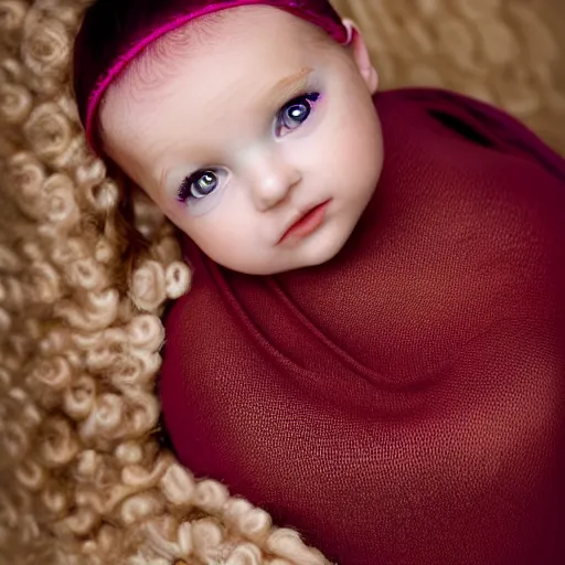 Image similar to perfect baby beauty itself. with a bit of freckles and beautiful bright green eyes red curled hair perfect light pink lips stare intently, award winning studio portrait