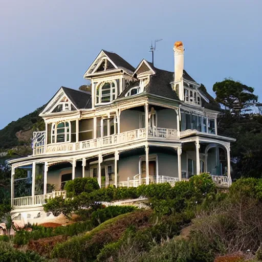 Image similar to a victorian style 2 story house on top of a hill surrounded by an ocean full of sharks