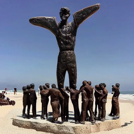 Image similar to This sculpture depicts a scene from the Spanish Civil War, which was a time of great turmoil and strife in Spain. The sculpture shows a group of people on a beach, with the ocean in the background. The people in the sculpture are all different sizes and shapes, and they are all looking in different directions. The sculpture is full of color and movement, and it is very expressive. The sculpture is also very powerful and emotional, and it has a very strong impact on the viewer. illuminated codex gilded by Victor Adame Minguez, by Robert Vonnoh elaborate, offhand