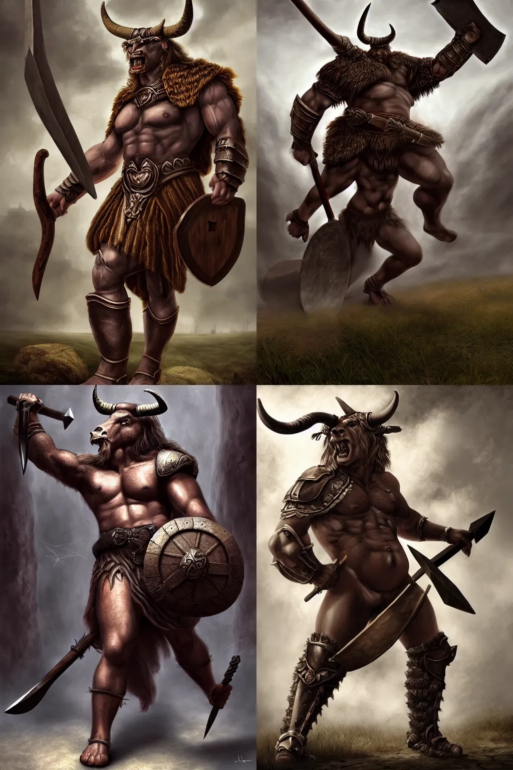 Prompt: Giant horned minotaur warrior with two handed axe, leather armor, full body, muscular, dungeons and dragons, hyperrealism, high details, digital painting, dark fantasy