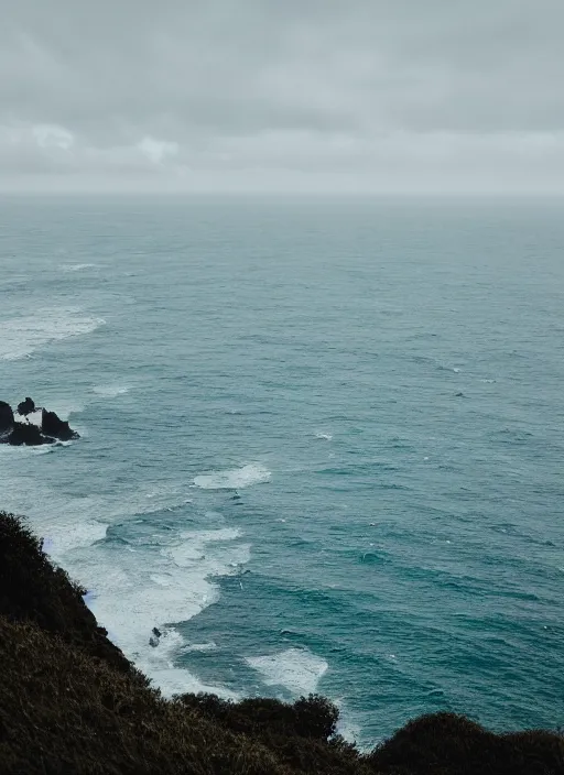 Image similar to a view of the ocean from a cliff, a tilt shift photo by liam wong, unsplash, naturalism, cinematic view, terragen, shot on 7 0 mm