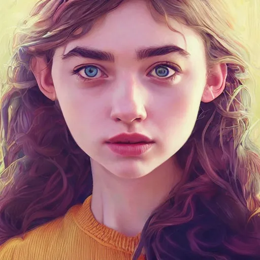 Prompt: a beautiful scenic painting of a beautiful young girl that looks like imogen poots by artgerm and wlop and wes anderson and spike jonze