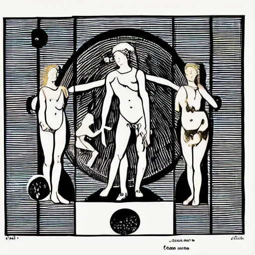 Image similar to digital art, coloring - in sheet by josef albers harrowing. the sculpture shows venus seated on a crescent moon. she is surrounded by the goddesses ceres & bacchus, who are both holding cornucopias.