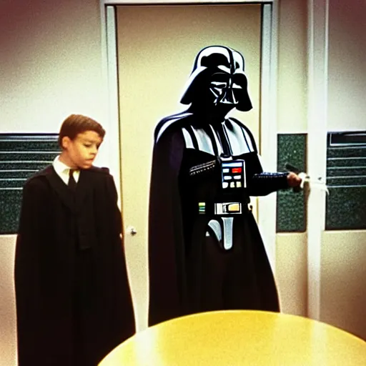 Image similar to “photo of Darth Vader as school principal, movie scene”