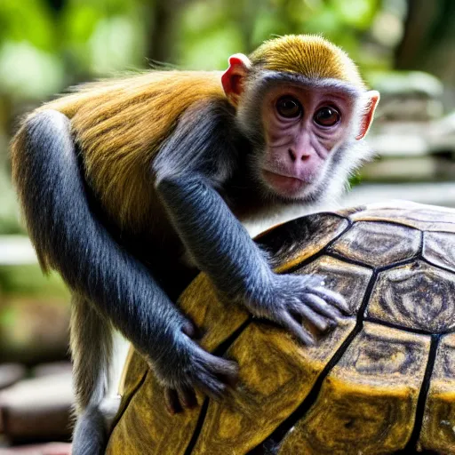 Image similar to a monkey sitting on the back of a turtle