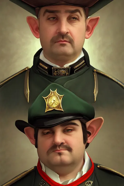 Prompt: a shifty fat high elf mall cop with a sheriff's badge with pointy elf ears, Oil Painting, hyperrealistic, Detailed Digital Art, RPG portrait, 3/4 bust, William-Adolphe Bouguereau, Michael Cheval, dynamic lighting, Highly Detailed, Cinematic Lighting, 8k, HD