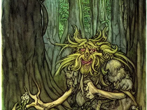 Image similar to troll in a forest by arthur rackham and by Tony DiTerlizzi and by brian froud