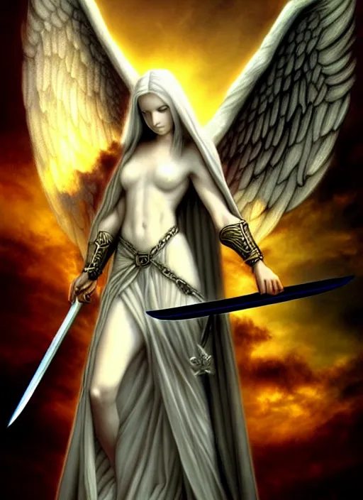 Image similar to a white angel holding a sword and a sword, digital art by artgem, Anne Stokes, deviantart, fantasy art, angelic photograph, wiccan, deviantart