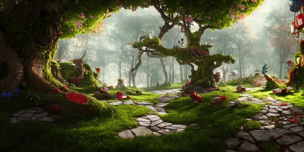 Image similar to wonderland, highly detailed, 8 k, hdr, award - winning, octane render, artstation, volumetric lighting