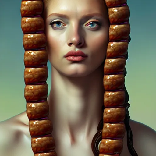 Prompt: portrait of medusa with long thin sausages instead of snakes, sausage hair, photorealistic, illustration, intricate details, masterpiece, digital art, trending on artstation