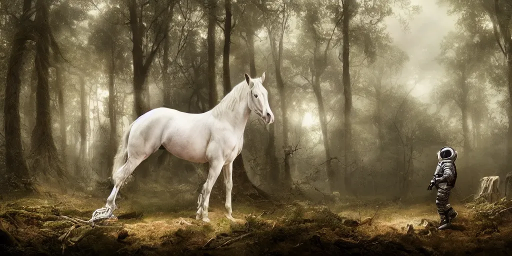 Image similar to an astronaut resting, a white horse tied to a tree, forest, a detailed matte painting by frieke janssens, featured on cgsociety, fantasy art, matte painting, reimagined by industrial light and magic, matte drawing