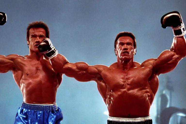 Prompt: film still of Arnold Schwarzenegger as Rocky in Rocky IV, 8k,