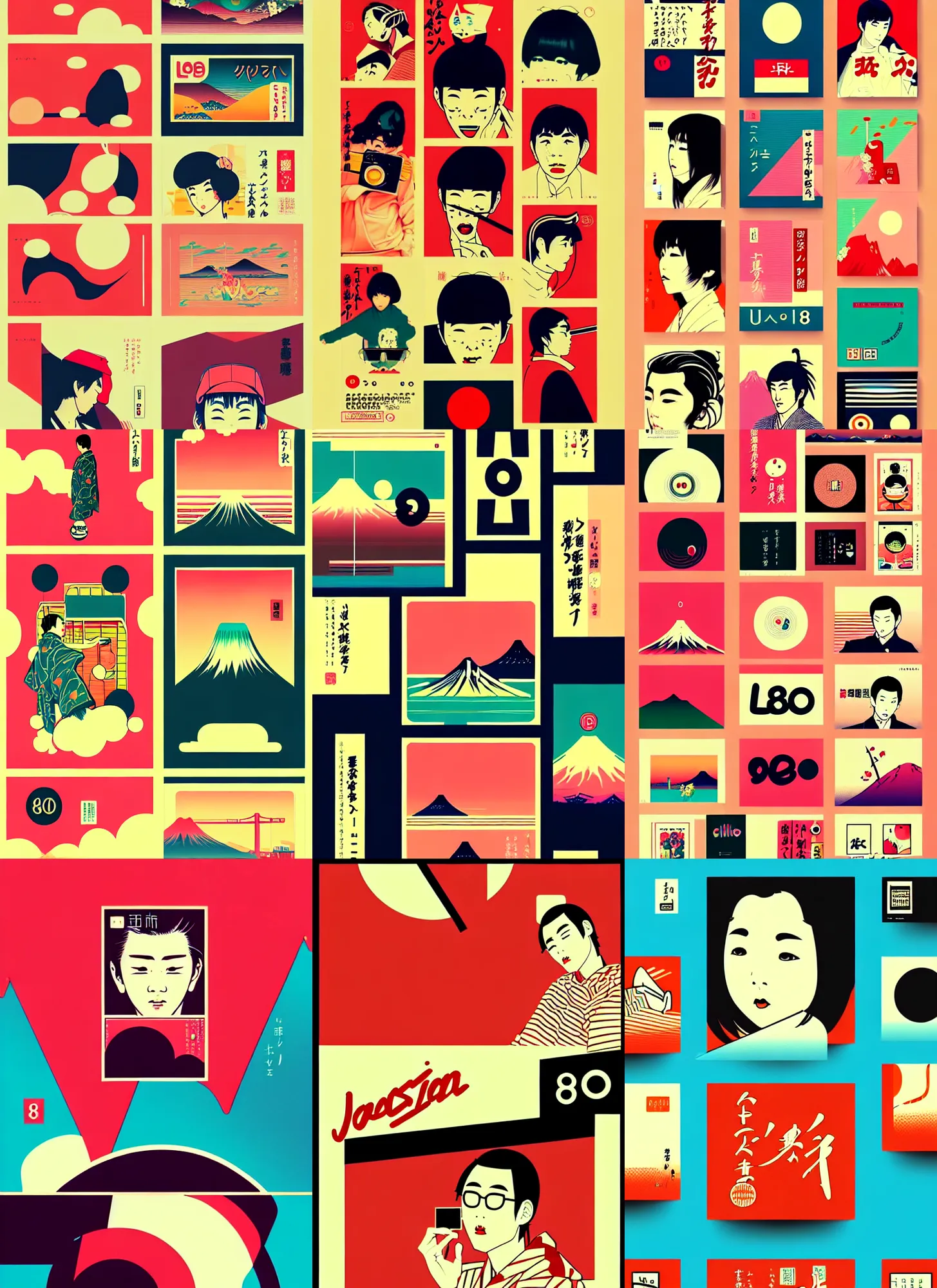 Prompt: beautiful illustration of layout of japanese pop art, obi strip, poster, 8 0 s, album art, trendy typography, chillhop, lo - fi, logo, landscape, pinterest, dribble, influenced by retro and vintage, artstation, 8 k, user interface
