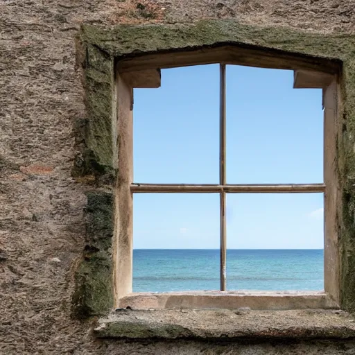 Prompt: a mullioned window through which you can see the sea where shark fins are visible