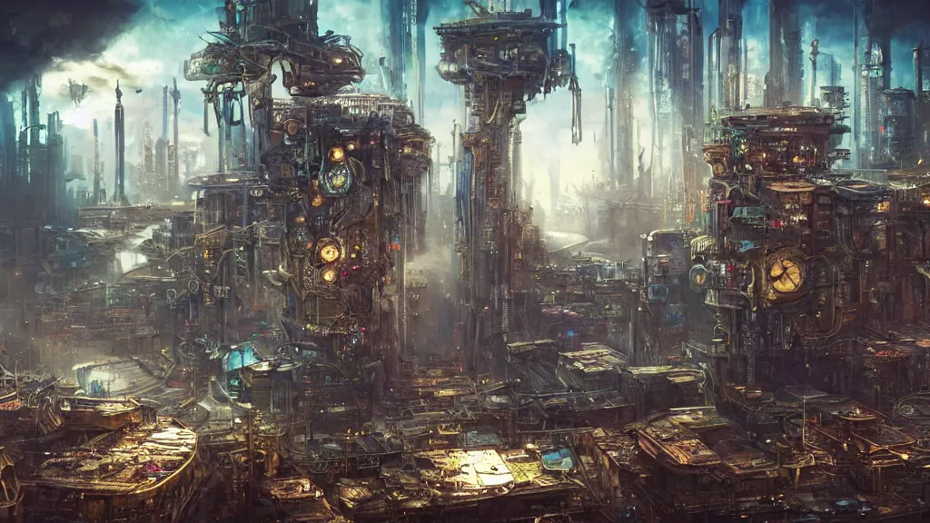 Prompt: a cyberpunk steampunk solarpunk biopunk dieselpunk atompunk steelpunk nanopunk lunarpunk stonepunk formicapunk raypunk nowpunk elfpunk mythpunk city, extravagant matte painting, highly detailed oil painting, 8k, devastatingly beautiful atmosphere, elegant cinematic fantasy art, overwhelming depth and detail, magic, vibrant colors, intricate masterpiece