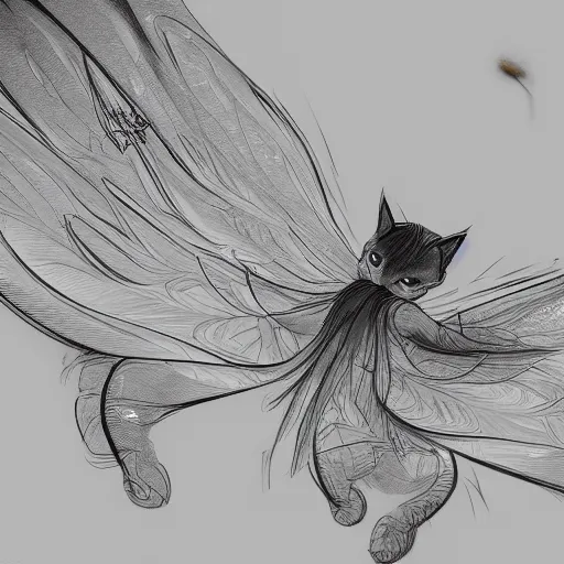 Prompt: Cat line drawn with butterfly wings, hyperdetailed, artstation, cgsociety, 8k