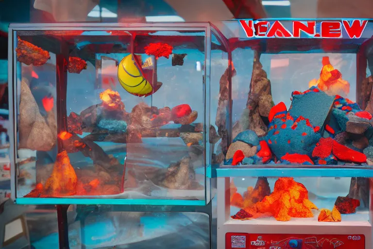 Prompt: claw machine filled with volcanos, 85mm f/11, vray